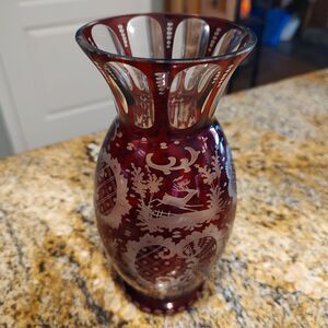 Vintage Egermann Czech Bohemian Cut to clear Ruby Red Glass Flower Vase